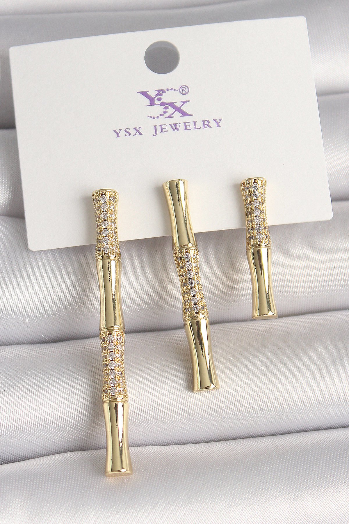 Pirinç Gold Renk Zirkon Taşlı Bambu Model 3'Lü Kadın Kombin Küpe