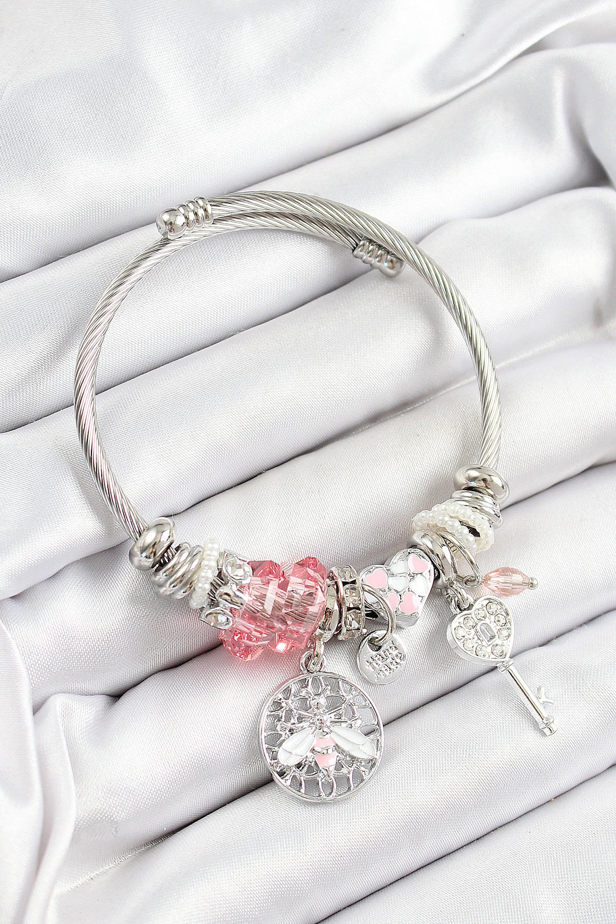 316L Çelik Pembe Zirkon Taşlı Baykuş Arı Ve Anahtar Model Gümüş Renk Charm Bileklik