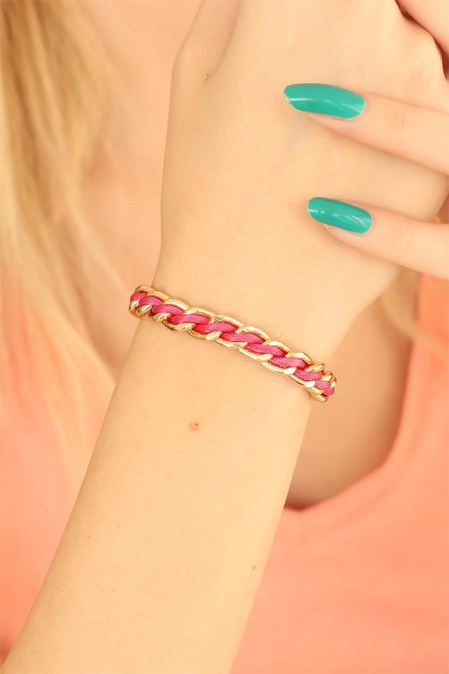 Gold Zincirli Pembe İpli Bayan Bileklik