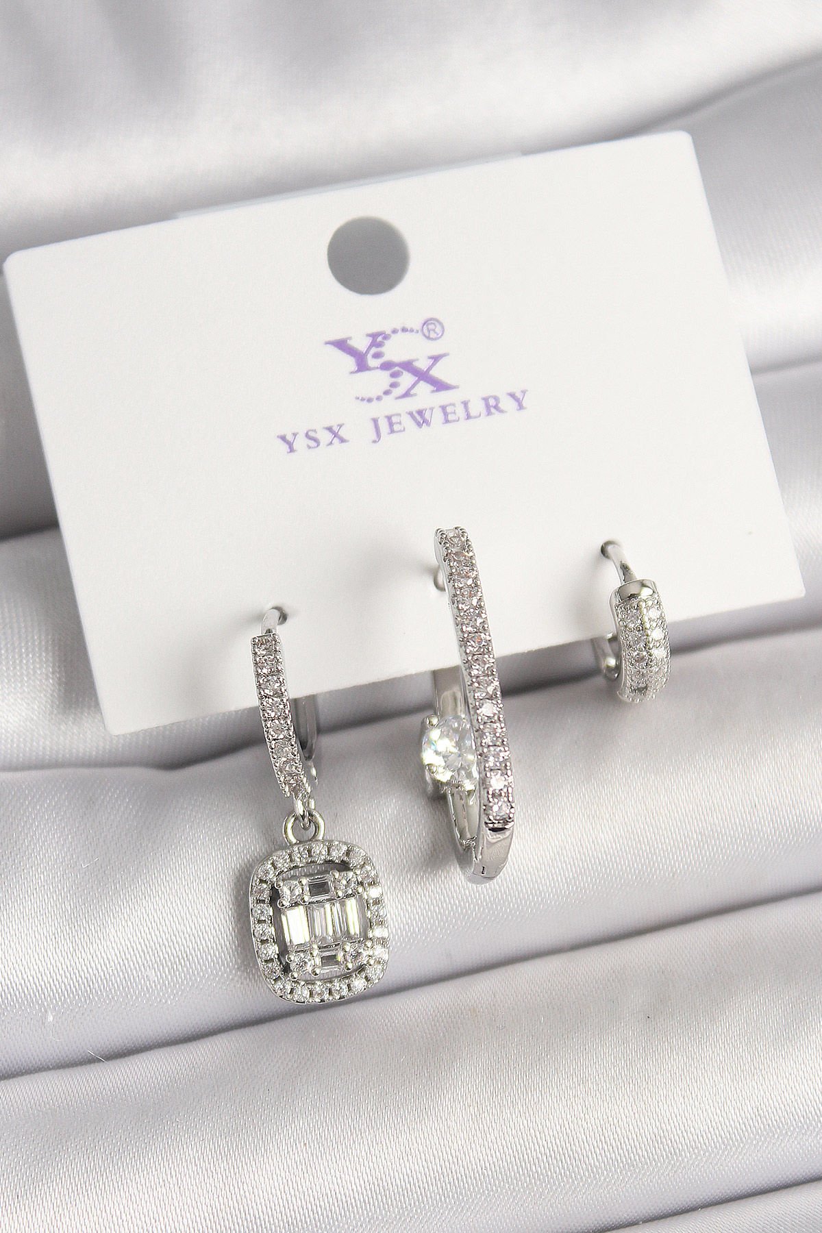 Pirinç Gümüş Renk Zirkon Taşlı Baget Halka Model 3'Lü Kadın Kombin Küpe