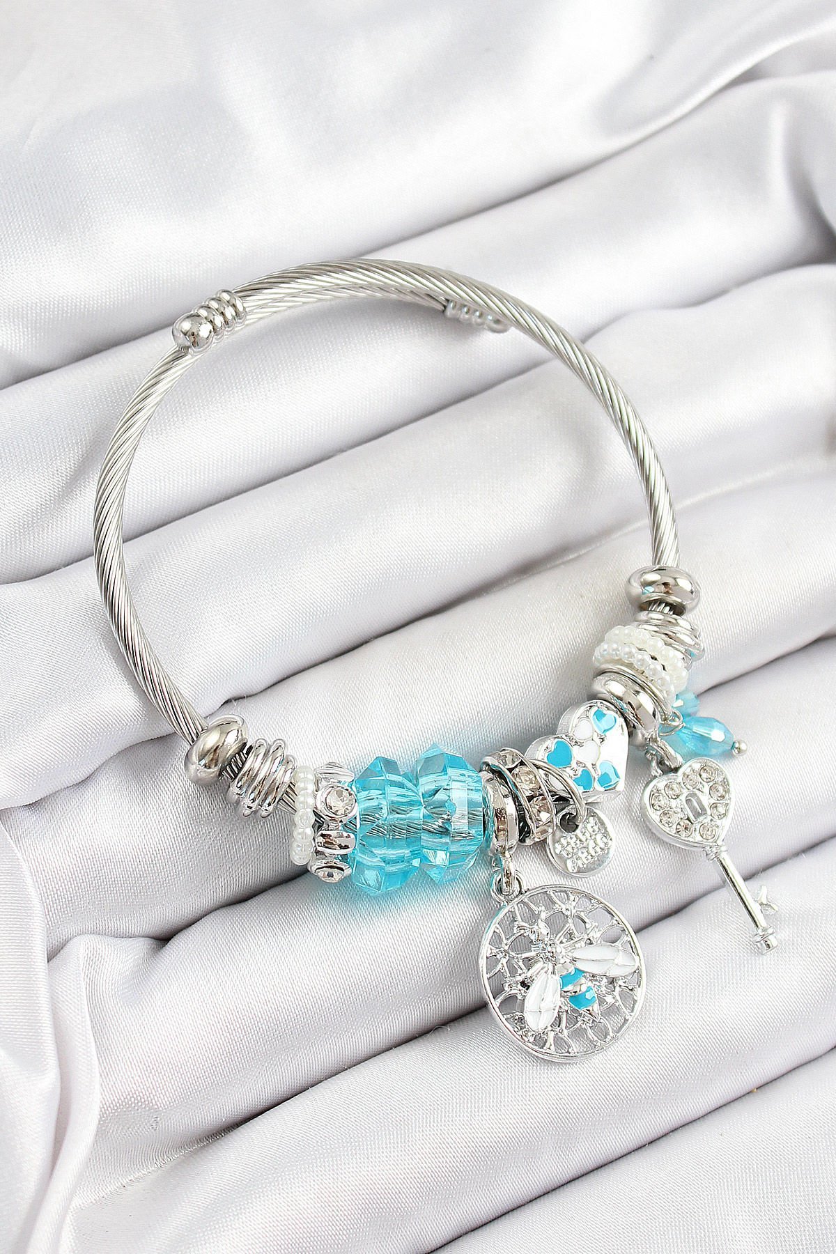 316L Çelik Mavi Zirkon Taşlı Baykuş Arı Ve Anahtar Model Gümüş Renk Charm Bileklik