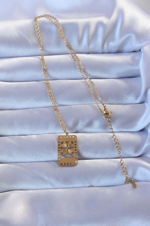 Kadın Altın Yonca Kolye – İşlemeli Vintage 316L Çelik Tasarım