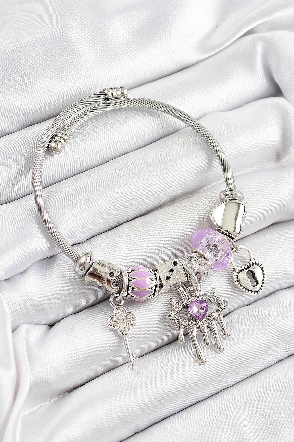 316L Çelik Mor Zirkon Taşlı Göz Kilit Ve Anahtar Model Gümüş Renk Charm Bileklik