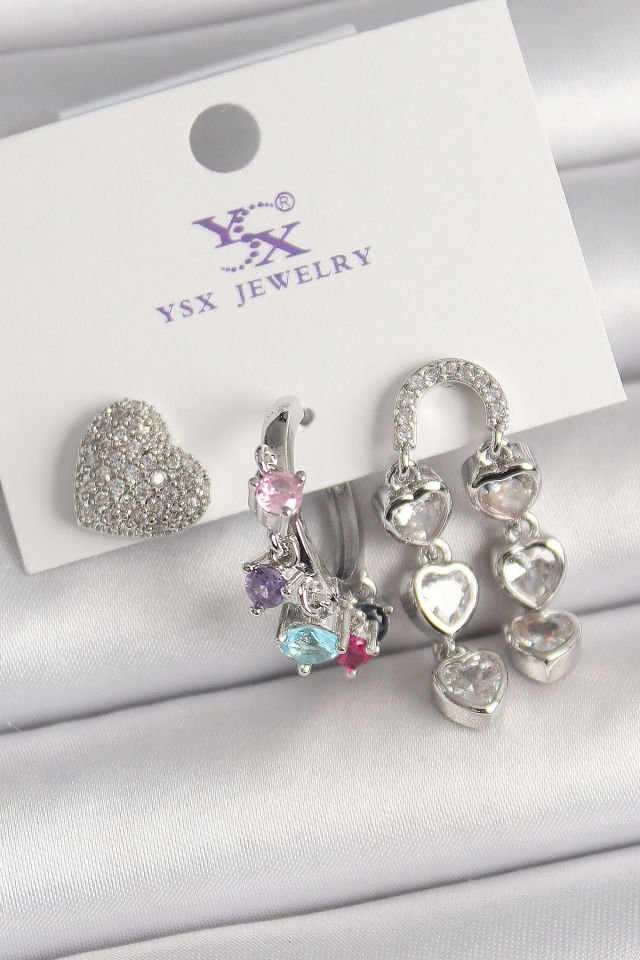 Pirinç Gümüş Renk Zirkon Taşlı Kalp Figür Renkli Taş Detay 3'Lü Kadın Kombin Küpe