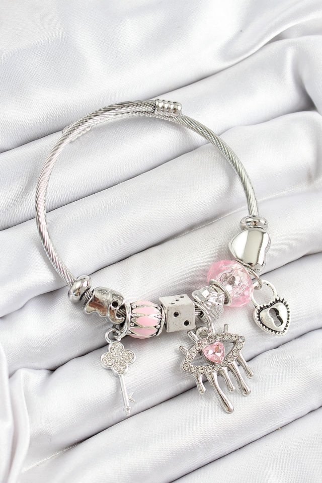 316L Çelik Pembe Zirkon Taşlı Göz Kilit Ve Anahtar Model Gümüş Renk Charm Bileklik