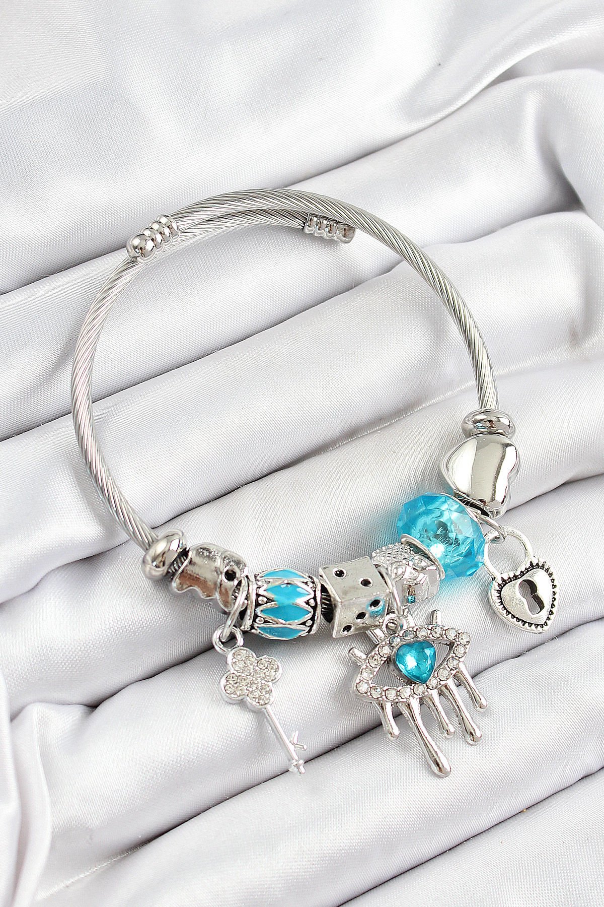 316L Çelik Mavi Zirkon Taşlı Göz Kilit Ve Anahtar Model Gümüş Renk Charm Bileklik