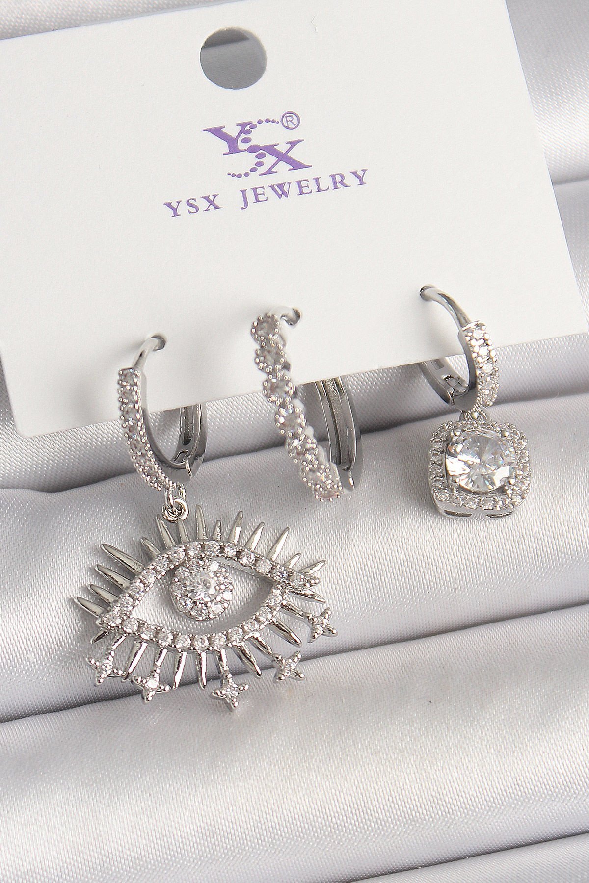 Pirinç Gümüş Renk Sallantı Zirkon Taşlı Göz Model 3'Lü Kadın Kombin Küpe