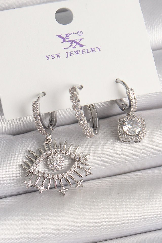 Pirinç Gümüş Renk Sallantı Zirkon Taşlı Göz Model 3'Lü Kadın Kombin Küpe