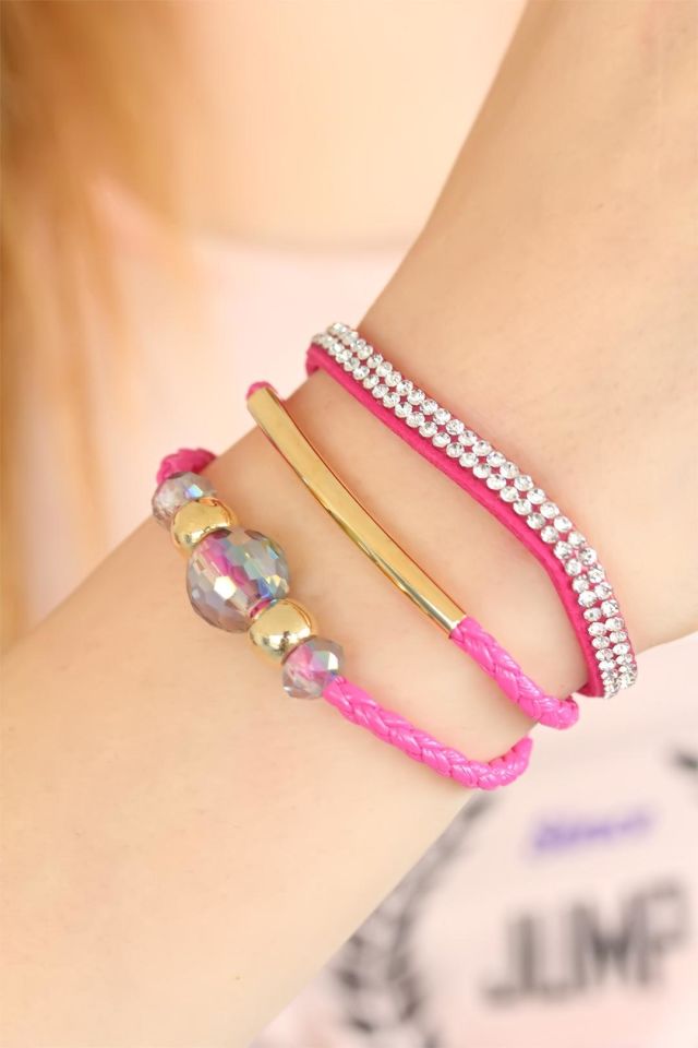 Fuşya Taşlı Ponponlu Metal Aksesuarlı Deri Çoklu Bayan Bileklik