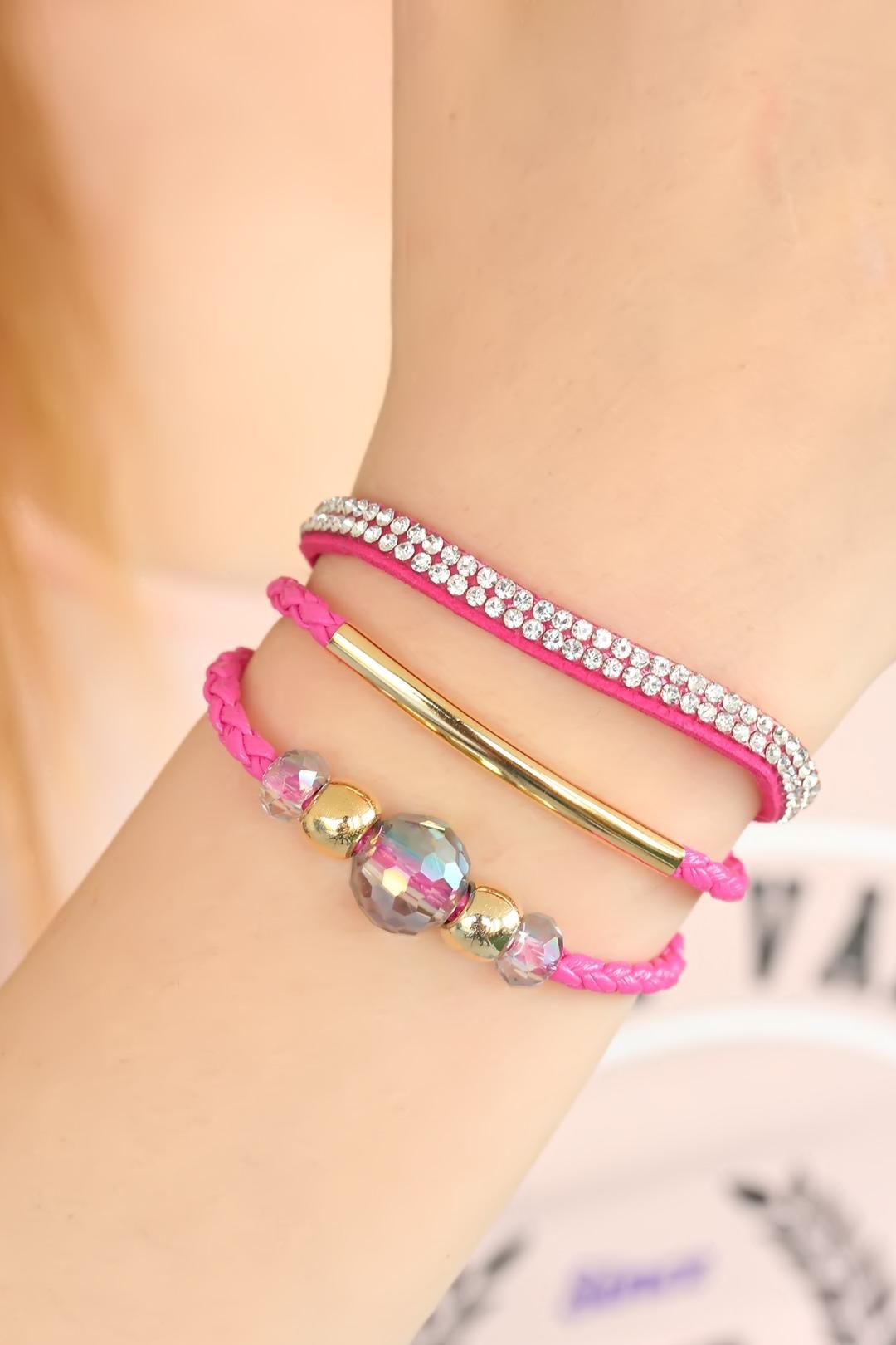 Fuşya Taşlı Ponponlu Metal Aksesuarlı Deri Çoklu Bayan Bileklik