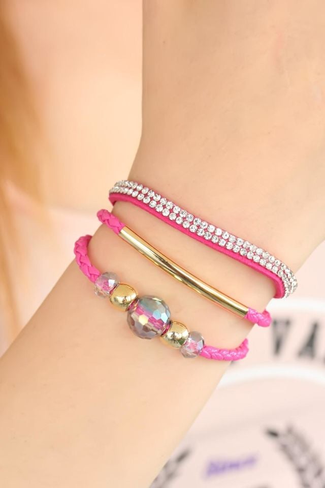 Fuşya Taşlı Ponponlu Metal Aksesuarlı Deri Çoklu Bayan Bileklik
