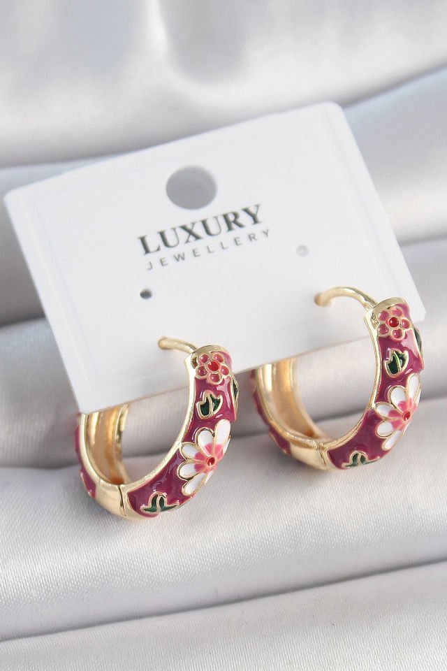 Pirinç Gold Renk Halka Mor Çiçek Mineli Kadın Küpe