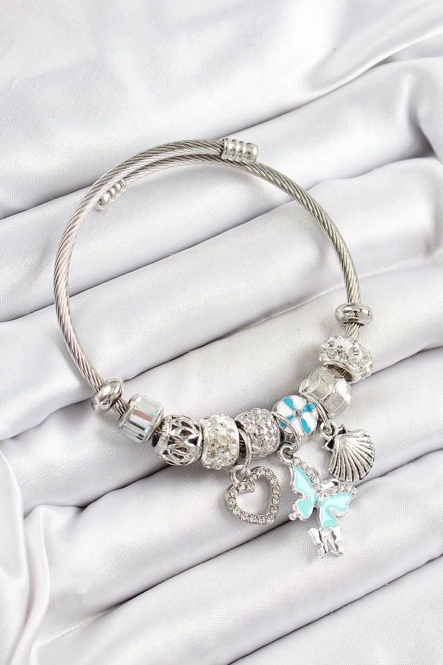 316L Çelik Mavi Zirkon Taşlı Kalp Kelebek Ve İstiridye Model Gümüş Renk Charm Bileklik