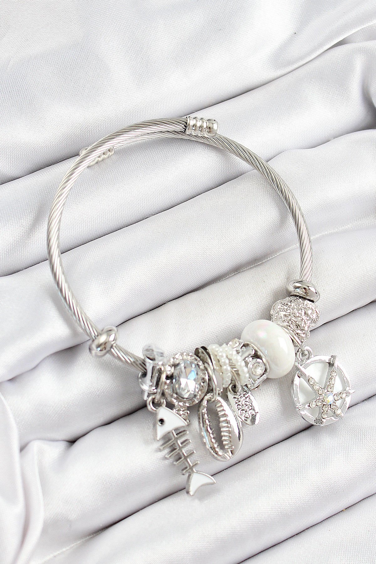 316L Çelik Beyaz Zirkon Taşlı Balık Deniz Kabuğu Ve Deniz Yıldızı Model Gümüş Renk Charm Bileklik