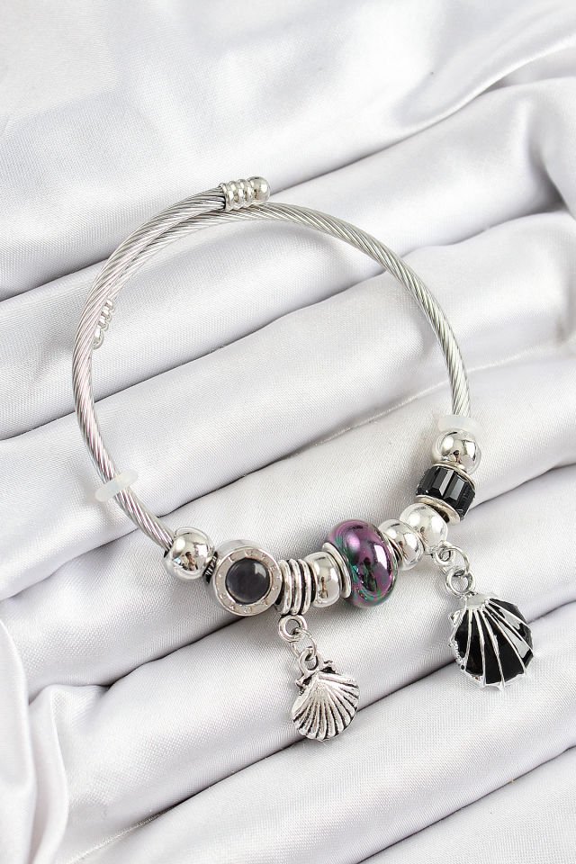 316L Çelik Siyah İstiridye Model Gümüş Renk Charm Bileklik