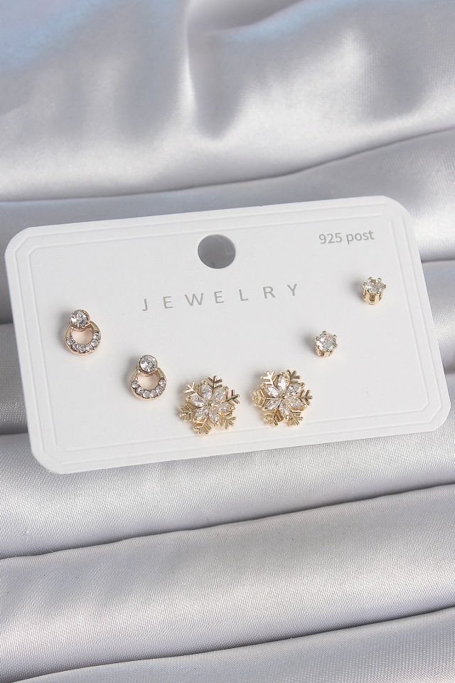 Pirinç Gold Renk Zirkon Taşlı Kar Tanesi Model 925 Ayar Gümüş Çivi Kadın Küpe Seti