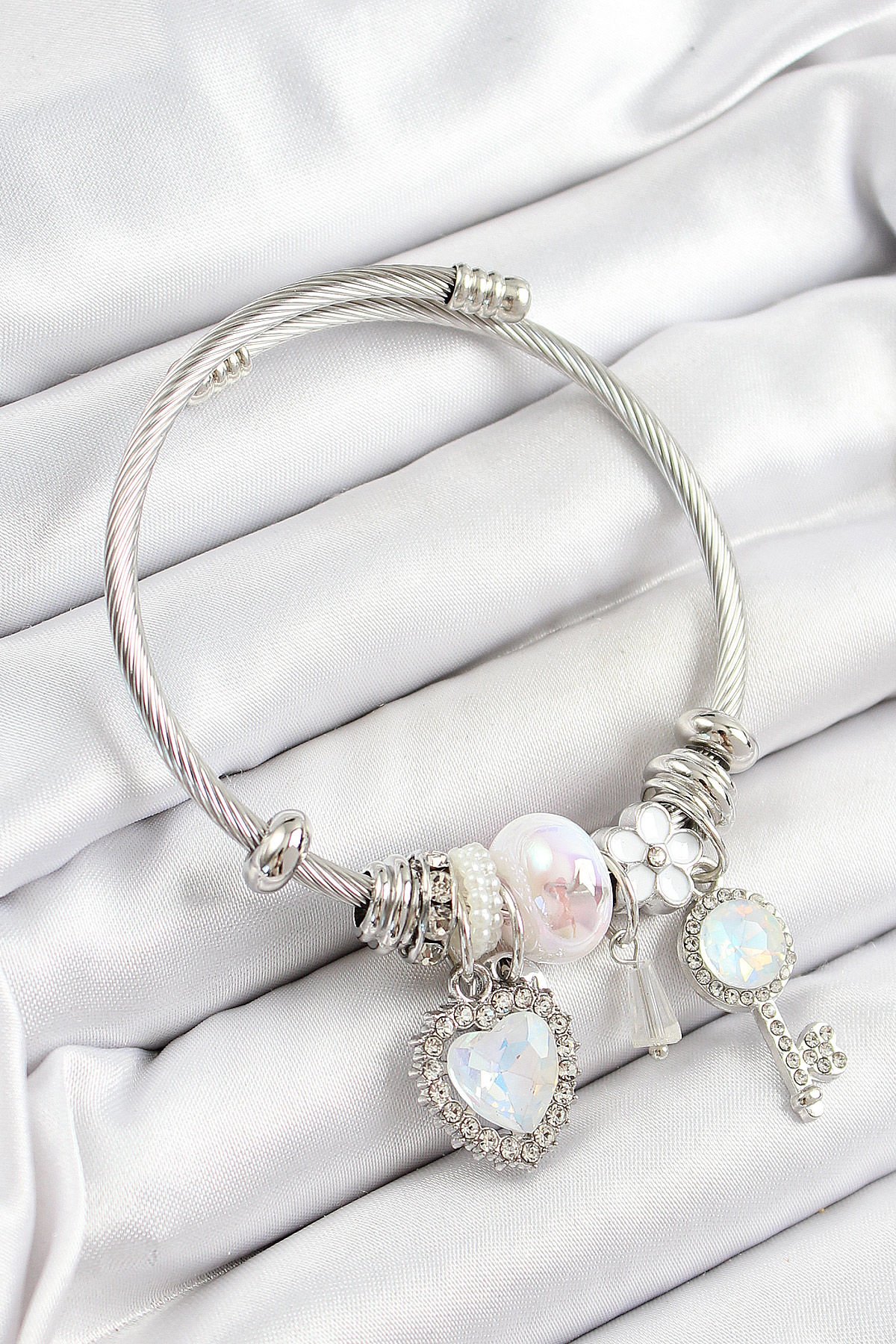 316L Çelik Beyaz Zirkon Taşlı Yıldız Anahtar Ve Kalp Model Gümüş Renk Charm Bileklik