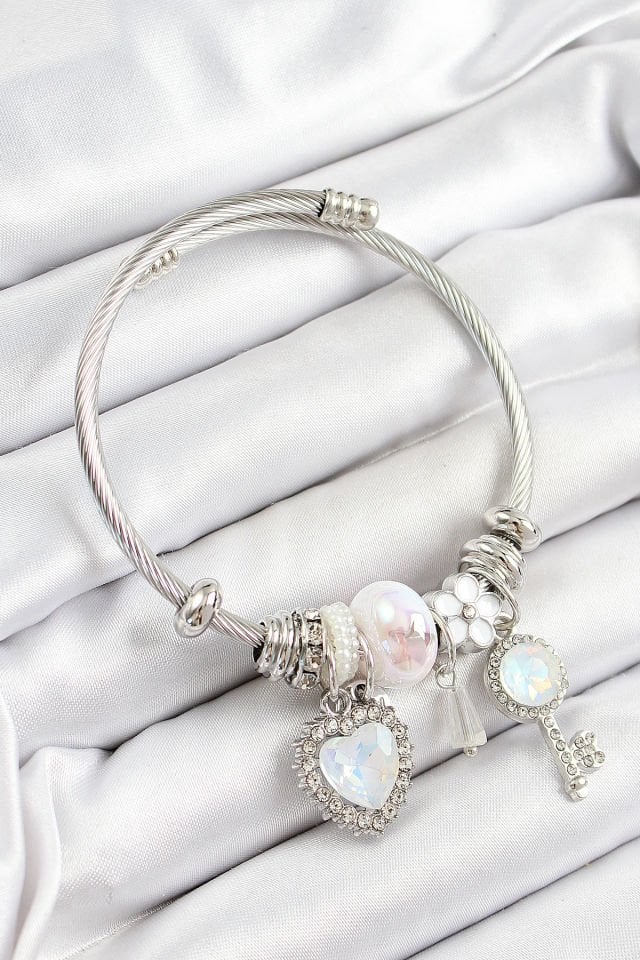 316L Çelik Beyaz Zirkon Taşlı Yıldız Anahtar Ve Kalp Model Gümüş Renk Charm Bileklik