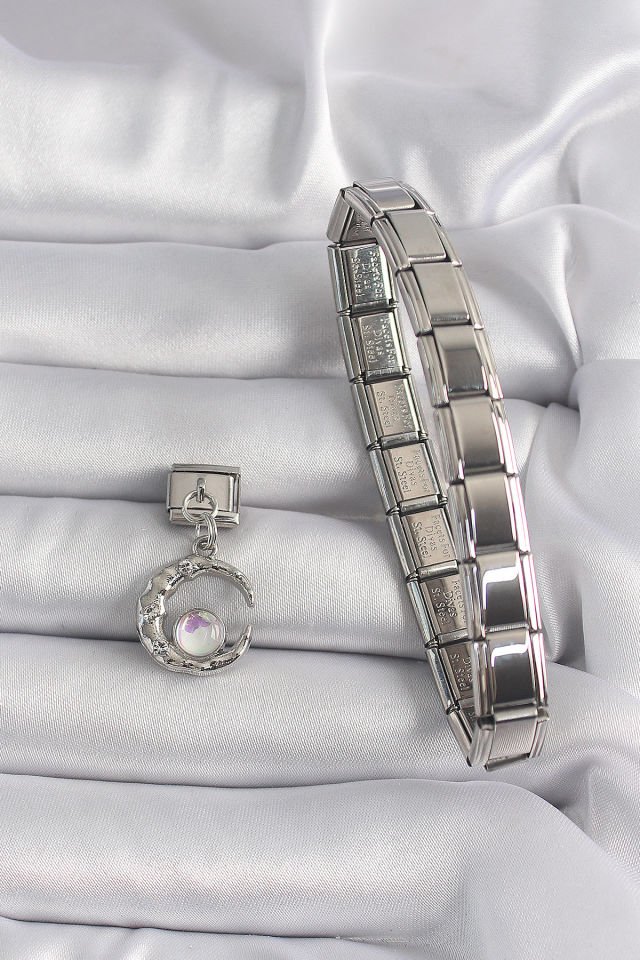 316L Çelik Gümüş Renk Sallantı Hilal Model Beyaz Sedef Detay Nomination Charm