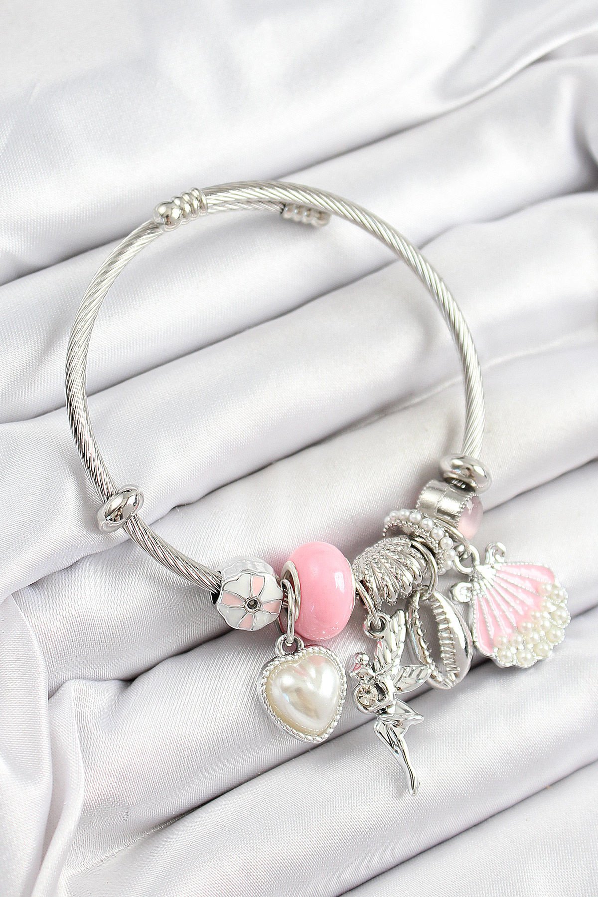 316L Çelik Pembe Zirkon Taşlı Yıldız Melek İstiridye Ve Kalp Model Gümüş Renk Charm Bileklik