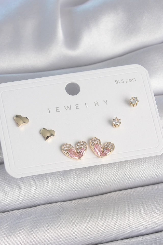 Pirinç Gold Renk Pembe Zirkon Taşlı Kalp Model 925 Ayar Gümüş Çivi Kadın Küpe Seti