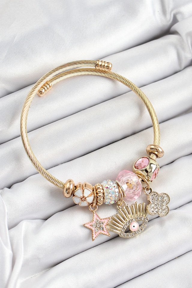 316L Çelik Pembe Zirkon Taşlı Yıldız Göz Ve Yonca Model Gold Renk Charm Bileklik