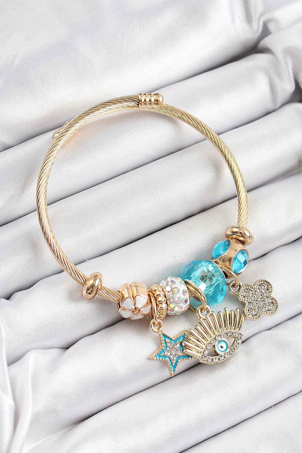 316L Çelik Mavi Zirkon Taşlı Yıldız Göz Ve Yonca Model Gold Renk Charm Bileklik