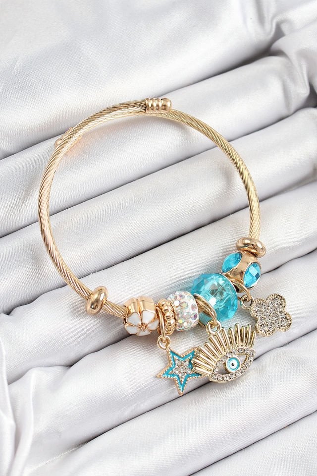 316L Çelik Mavi Zirkon Taşlı Yıldız Göz Ve Yonca Model Gold Renk Charm Bileklik