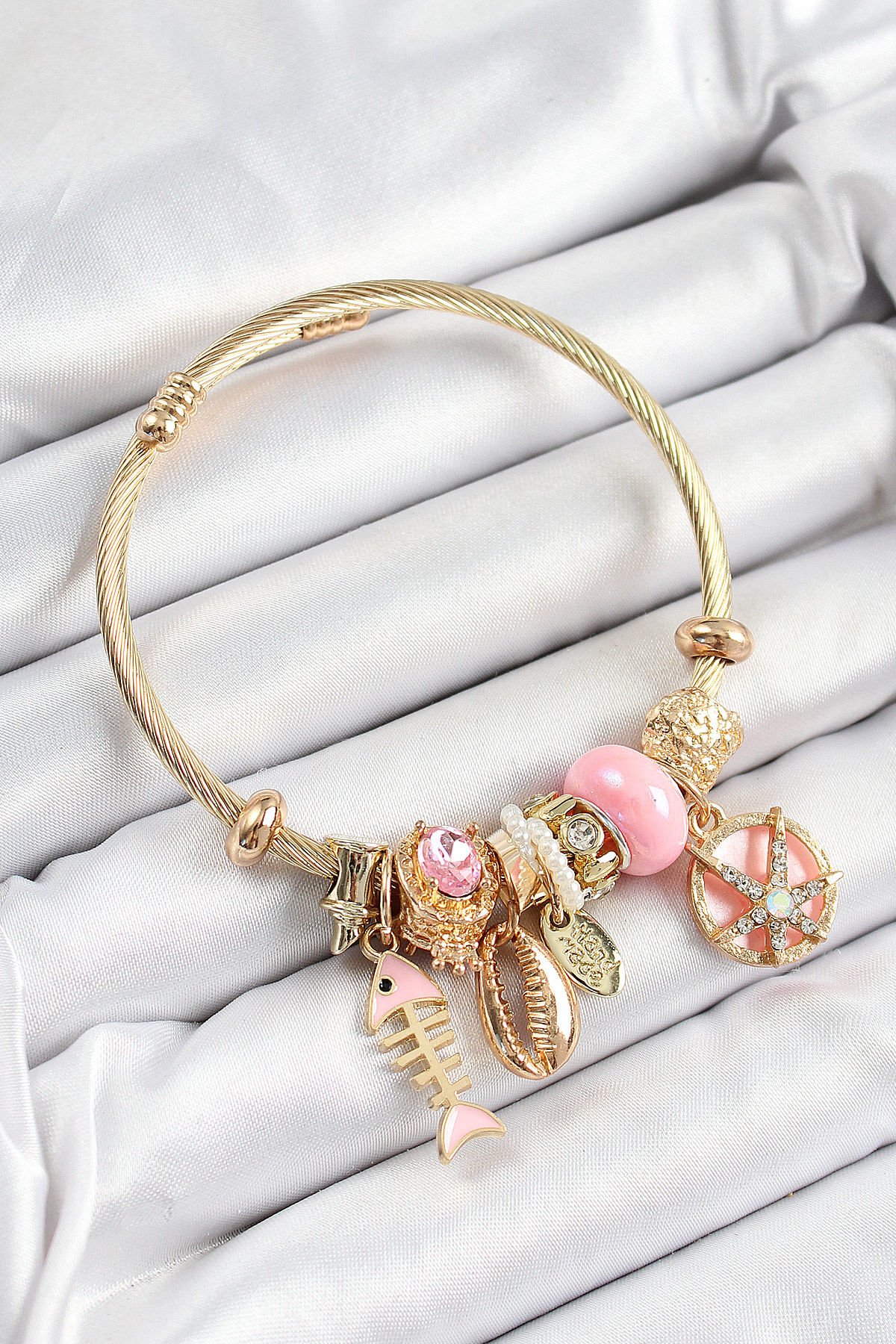 316L Çelik Pembe Zirkon Taşlı Balık Deniz Kabuğu Ve Deniz Yıldızı Model Gold Renk Charm Bileklik
