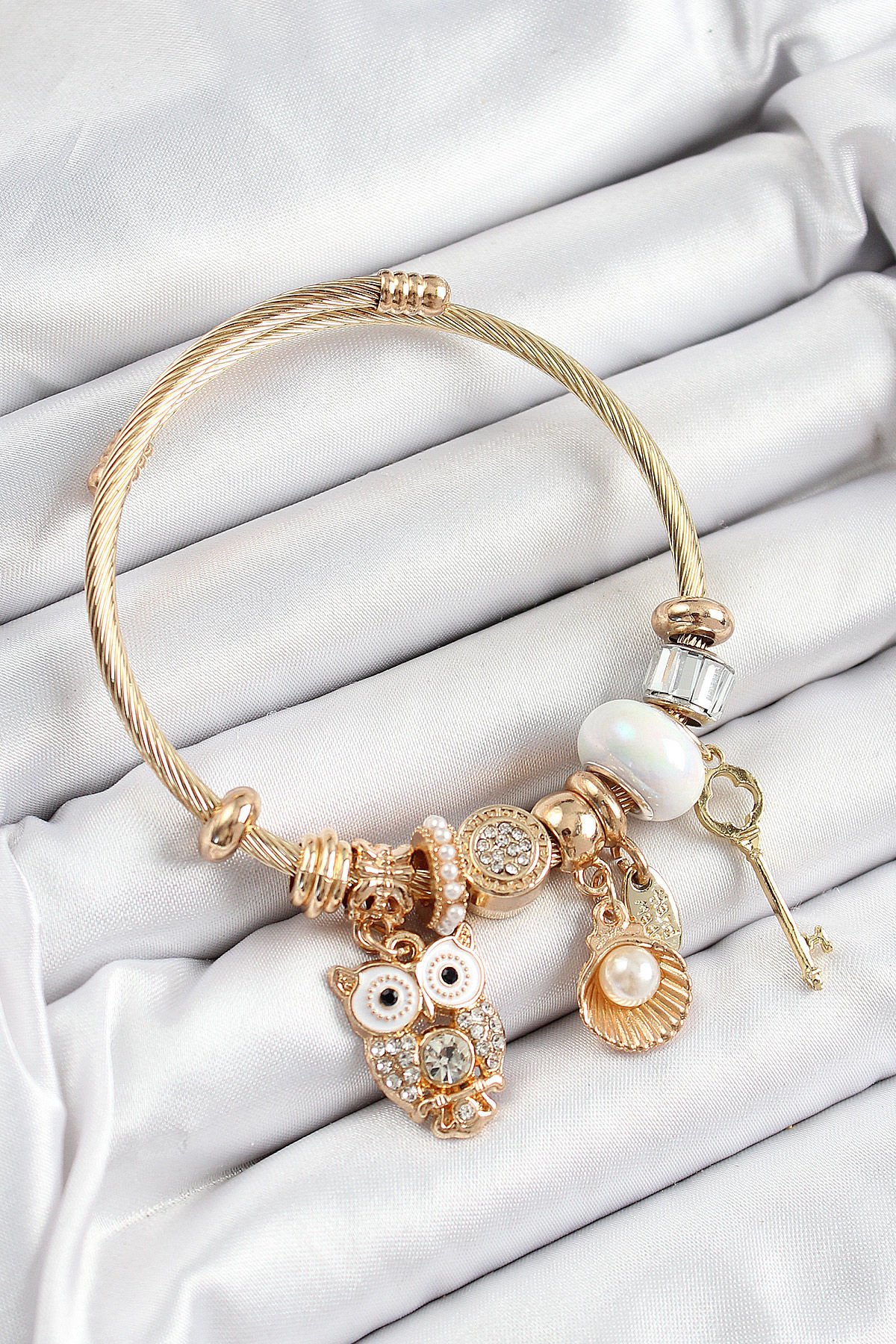 316L Çelik Beyaz Zirkon Taşlı Baykuş İstiridye Ve Anahtar Model Gold Renk Charm Bileklik