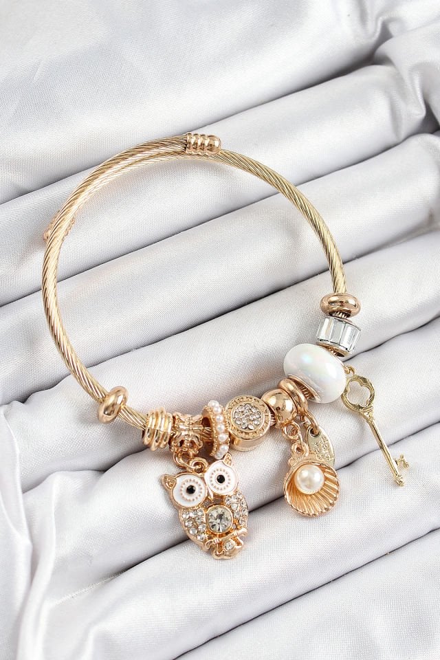 316L Çelik Beyaz Zirkon Taşlı Baykuş İstiridye Ve Anahtar Model Gold Renk Charm Bileklik