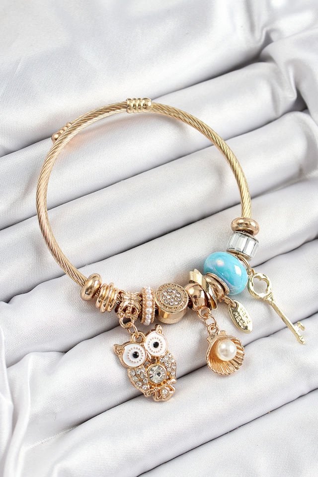 316L Çelik Mavi Zirkon Taşlı Baykuş İstiridye Ve Anahtar Model Gold Renk Charm Bileklik