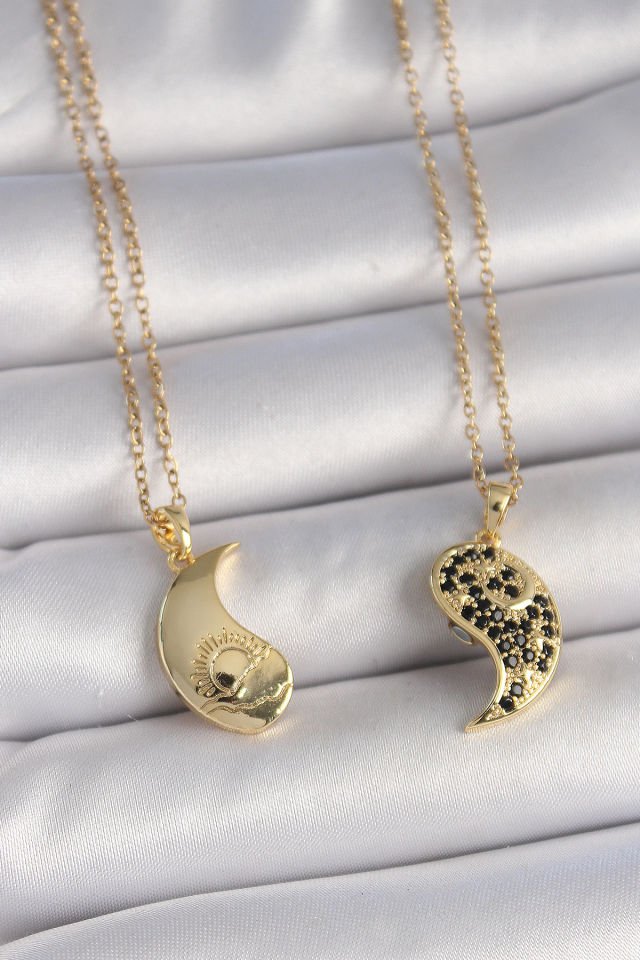 316L Çelik Gold Renk Zincir Zirkon Taşlı Ying Yang Model Gün Batımı İşlemeli Arkadaşlık Kadın Kolye
