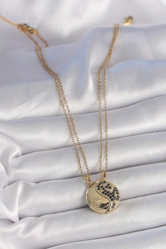 316L Çelik Gold Renk Zincir Zirkon Taşlı Ying Yang Model Gün Batımı İşlemeli Arkadaşlık Kadın Kolye