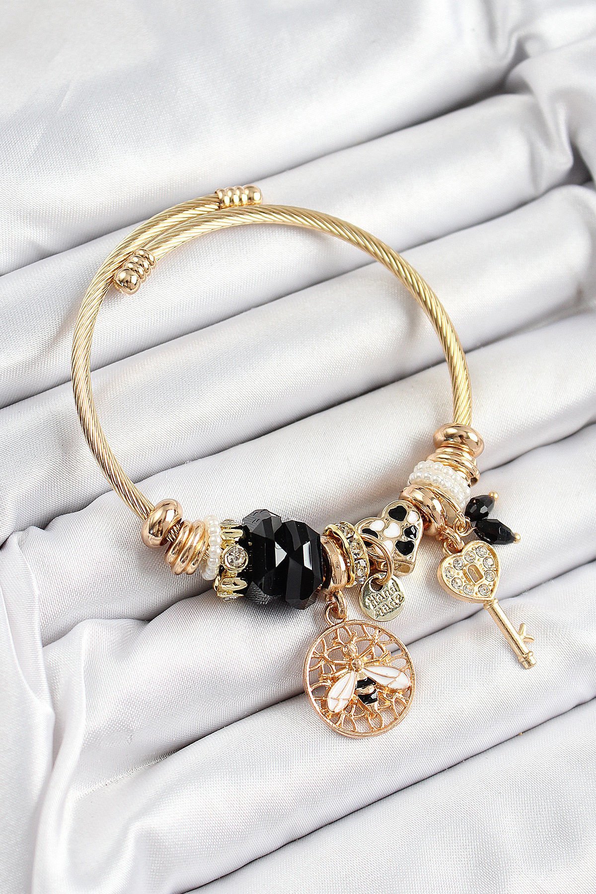 316L Çelik Siyah Zirkon Taşlı Baykuş Arı Ve Anahtar Model Gold Renk Charm Bileklik