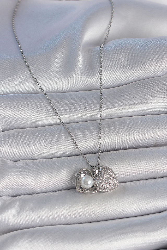 316L Çelik Gümüş Renk Zincir Zirkon Taşlı Açılır İncili Kalp Model Kadın Kolye