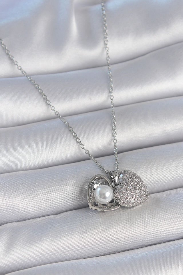 316L Çelik Gümüş Renk Zincir Zirkon Taşlı Açılır İncili Kalp Model Kadın Kolye