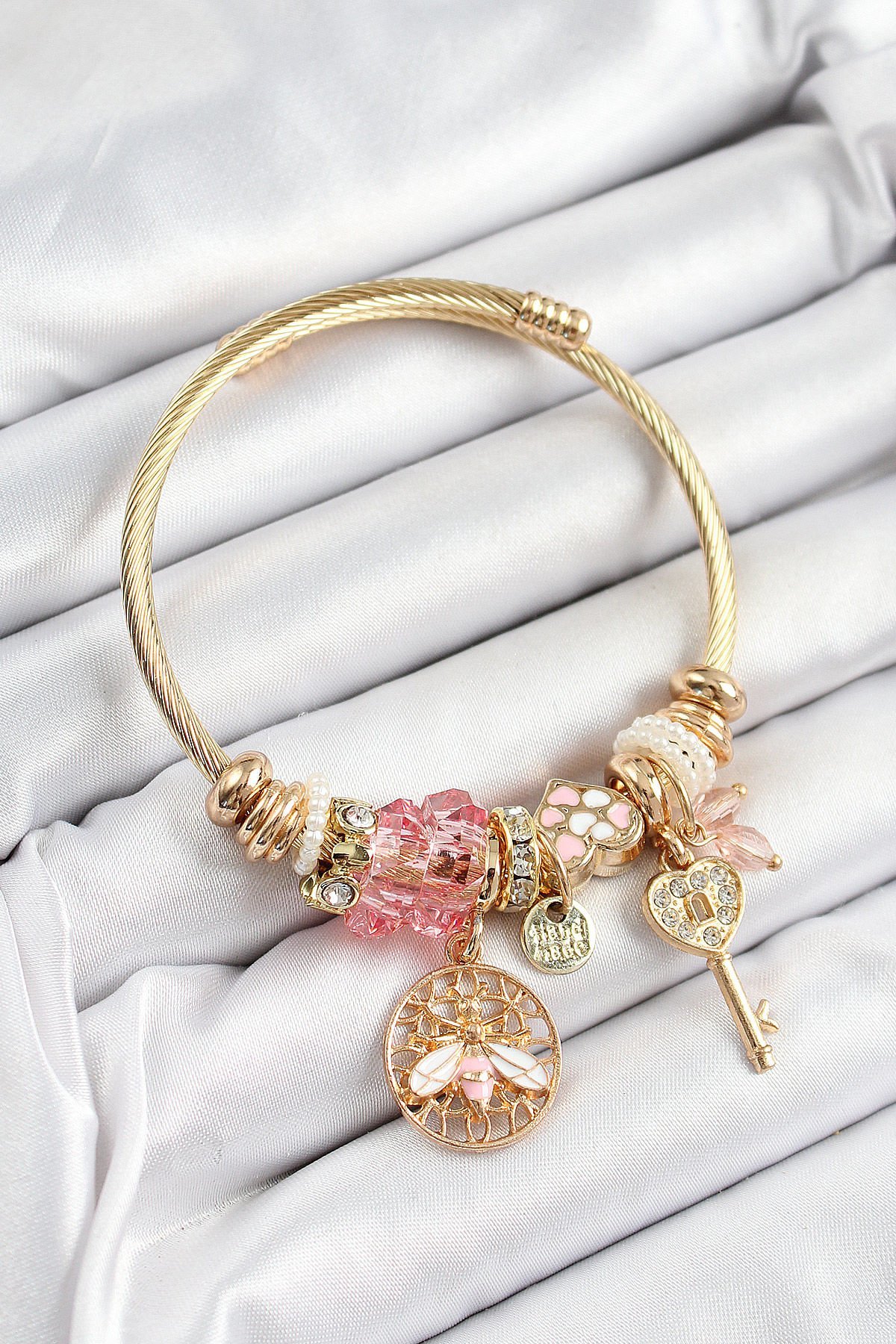 316L Çelik Pembe Zirkon Taşlı Baykuş Arı Ve Anahtar Model Gold Renk Charm Bileklik