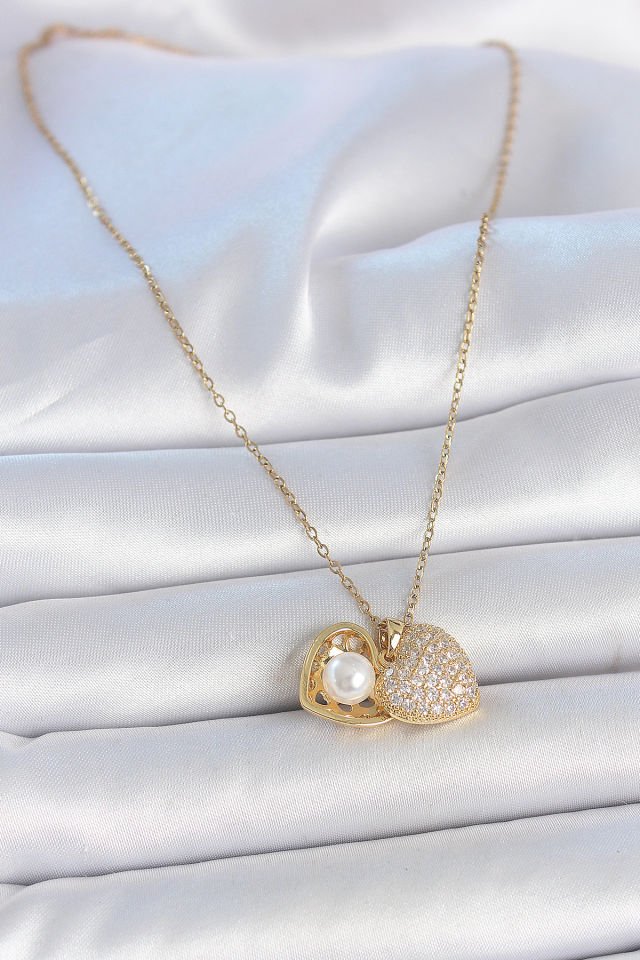 316L Çelik Gold Renk Zincir Zirkon Taşlı Açılır İncili Kalp Model Kadın Kolye