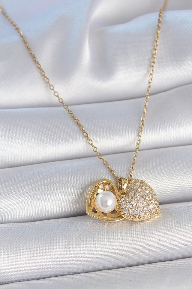 316L Çelik Gold Renk Zincir Zirkon Taşlı Açılır İncili Kalp Model Kadın Kolye