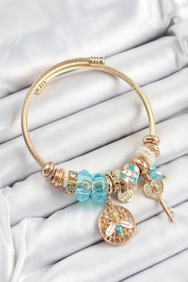 316L Çelik Mavi Zirkon Taşlı Baykuş Arı Ve Anahtar Model Gold Renk Charm Bileklik