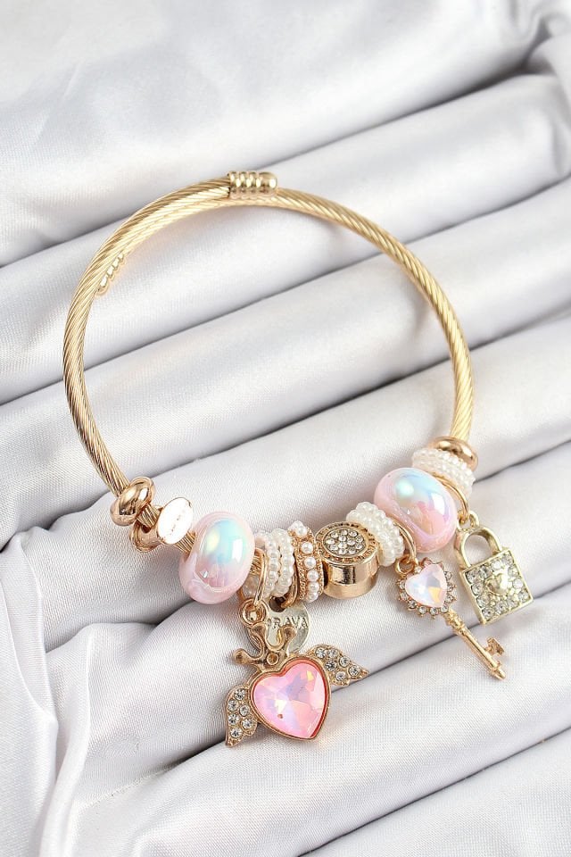 316L Çelik Pembe Zirkon Taşlı Kilit Anahtar Ve Kalp Model Gold Renk Charm BileklikCharm Bileklik