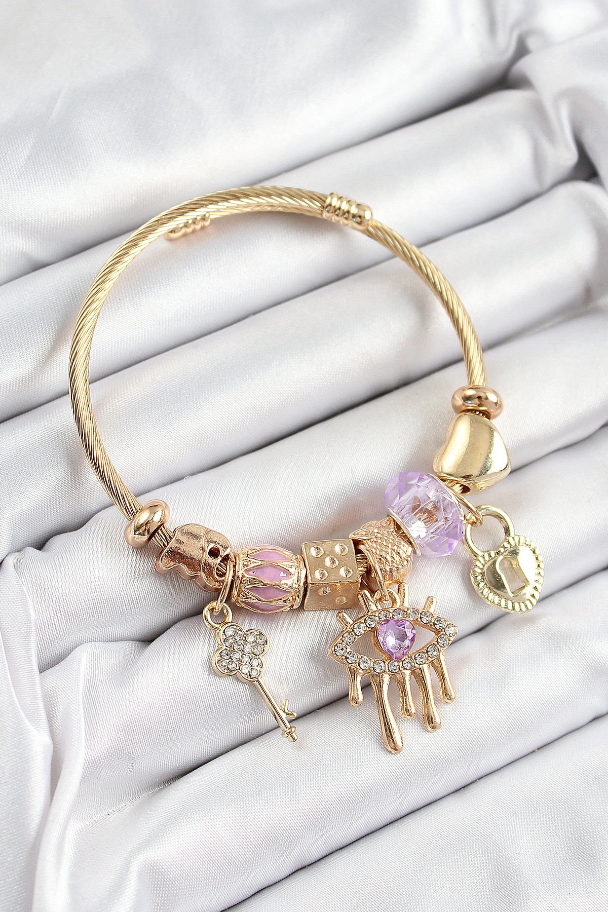 316L Çelik Mor Zirkon Taşlı Kilit Göz Ve Anahtar Model Gold Renk Charm Bileklik