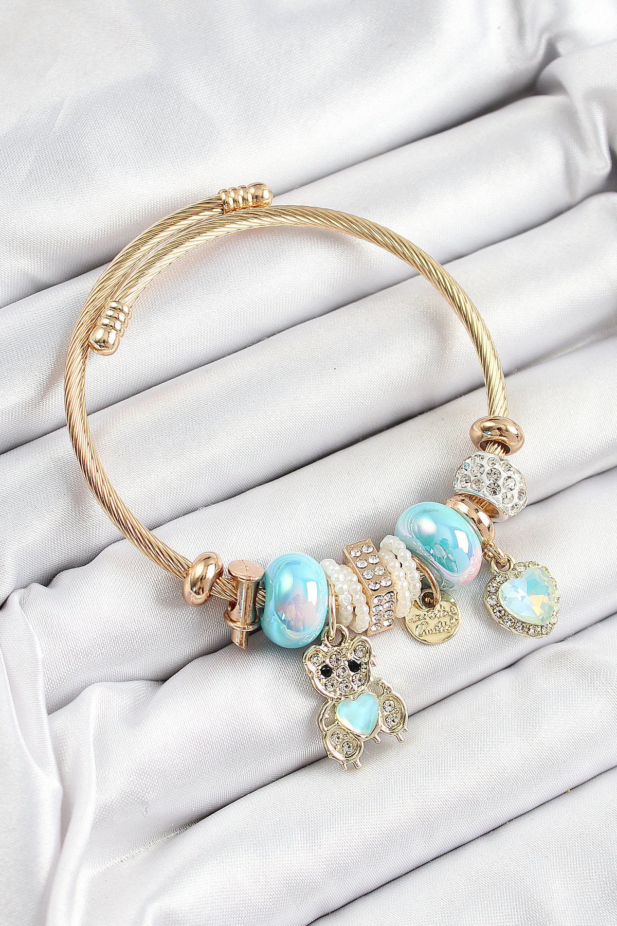 316L Çelik Mavi Zirkon Taşlı Ayıcık Ve Kalp Model Gold Renk Charm Bileklik