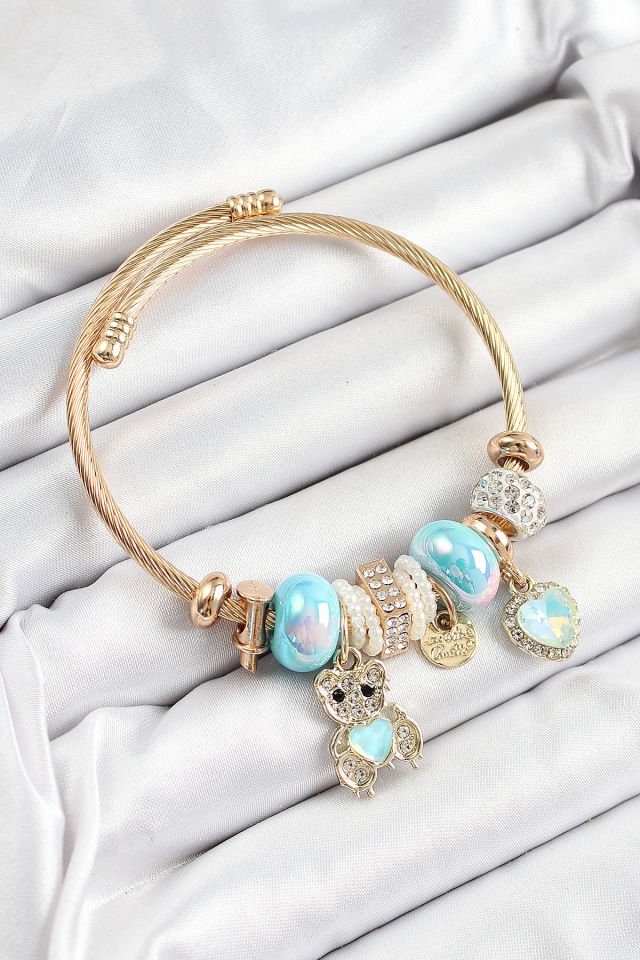 316L Çelik Mavi Zirkon Taşlı Ayıcık Ve Kalp Model Gold Renk Charm Bileklik