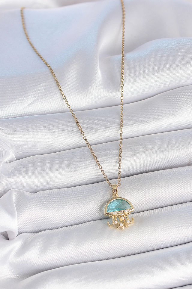 316L Çelik Gold Renk Mavi Taşlı Deniz Anası Model İnci Detay Kadın Kolye