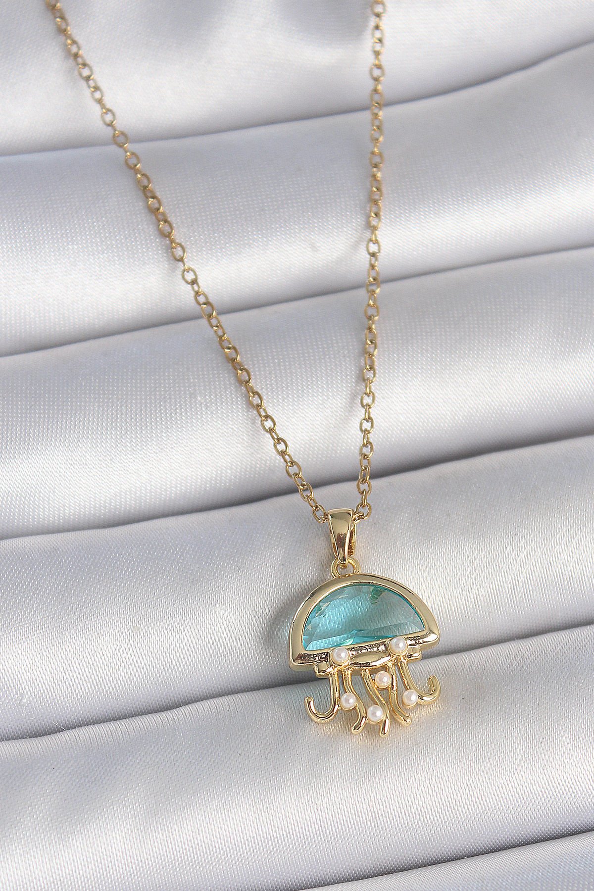 316L Çelik Gold Renk Mavi Taşlı Deniz Anası Model İnci Detay Kadın Kolye