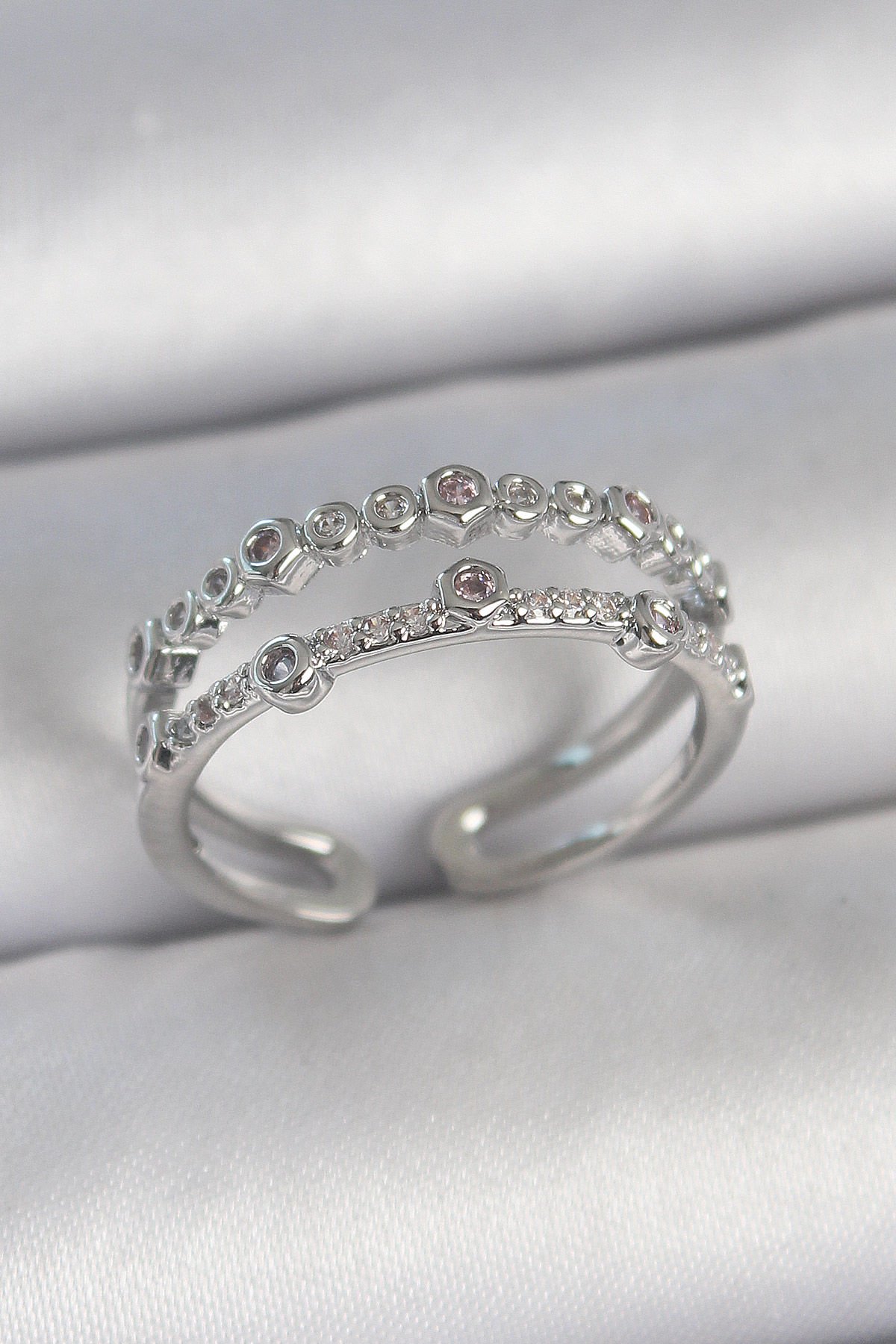 Pirinç Gümüş Renk 2'Li Zirkon Taşlı Ayarlanabilir Model Kadın Yüzük