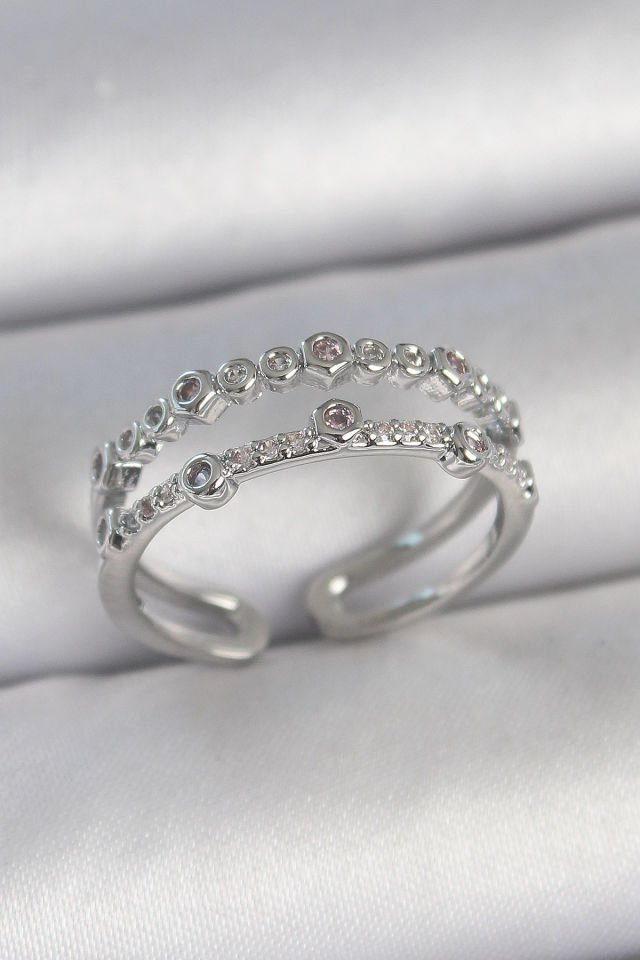 Pirinç Gümüş Renk 2'Li Zirkon Taşlı Ayarlanabilir Model Kadın Yüzük