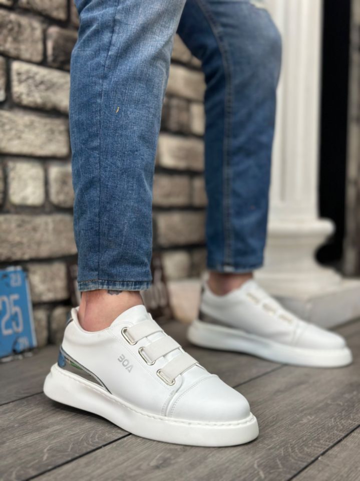 BA0329 3 Bant Beyaz Gümüş Detaylı Kalın Taban Casual Erkek Ayakkabı